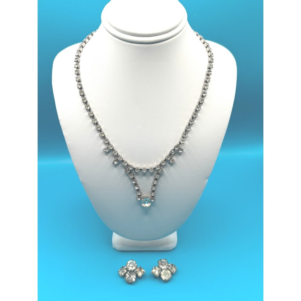 Vintage Rhinestone Dangle Necklace Pins Set Silver Tone